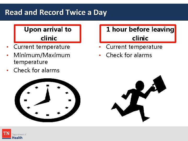 Read and Record Twice a Day Upon arrival to clinic • Current temperature •