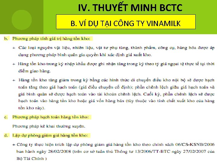 IV. THUYẾT MINH BCTC B. VÍ DỤ TẠI CÔNG TY VINAMILK 