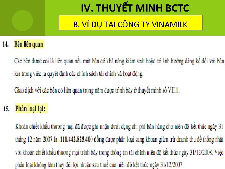 IV. THUYẾT MINH BCTC B. VÍ DỤ TẠI CÔNG TY VINAMILK 