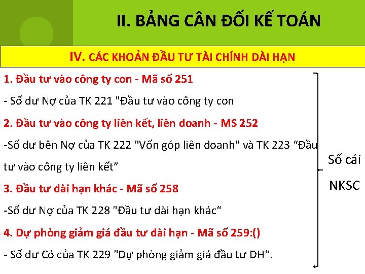 II. BẢNG C N ĐỐI KẾ TOÁN IV. CÁC KHOẢN ĐẦU TƯ TÀI CHÍNH