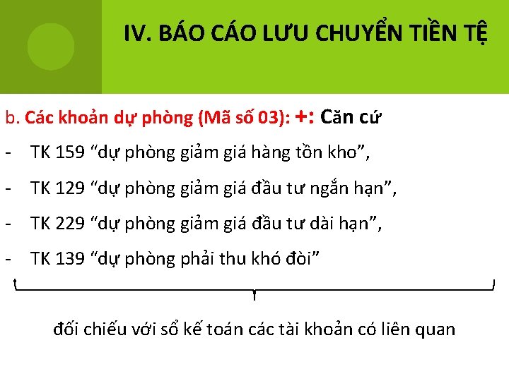 IV. BÁO CÁO LƯU CHUYỂN TIỀN TỆ b. Các khoản dự phòng (Mã số