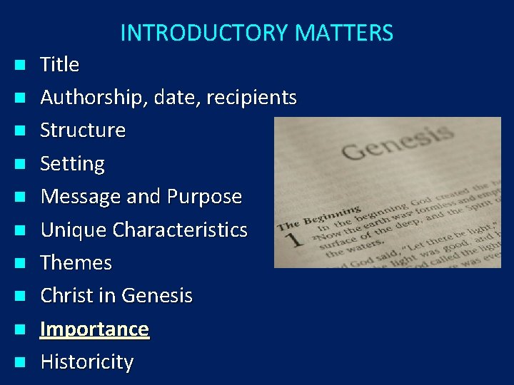 INTRODUCTORY MATTERS n n n n n Title Authorship, date, recipients Structure Setting Message