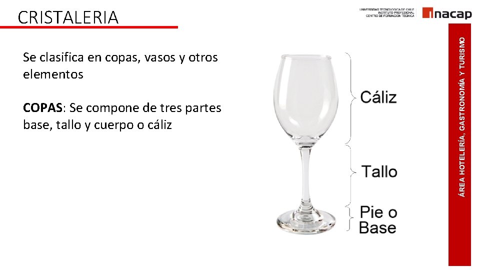 Se clasifica en copas, vasos y otros elementos COPAS: Se compone de tres partes