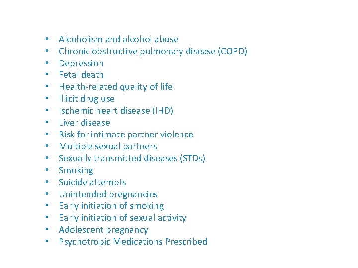  • • • • • Alcoholism and alcohol abuse Chronic obstructive pulmonary disease