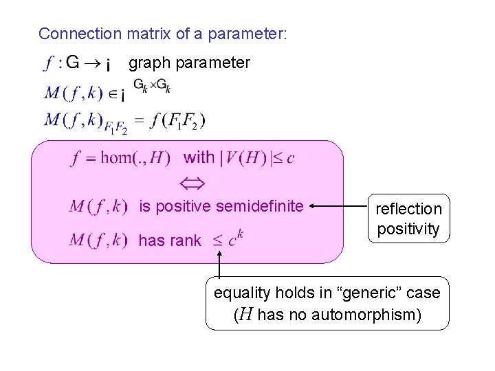 Connection matrix of a parameter: graph parameter is positive semidefinite has rank reflection positivity