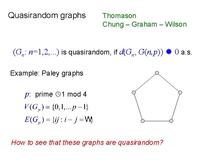 Quasirandom graphs Thomason Chung – Graham – Wilson (Gn: n=1, 2, . . .