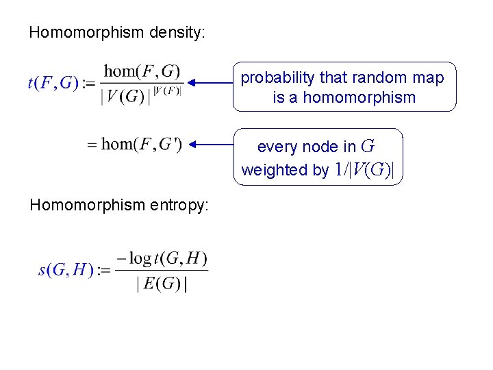 Homomorphism density: probability that random map is a homomorphism every node in G weighted