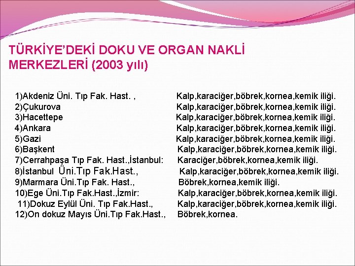 TÜRKİYE’DEKİ DOKU VE ORGAN NAKLİ MERKEZLERİ (2003 yılı) 1)Akdeniz Üni. Tıp Fak. Hast. ,