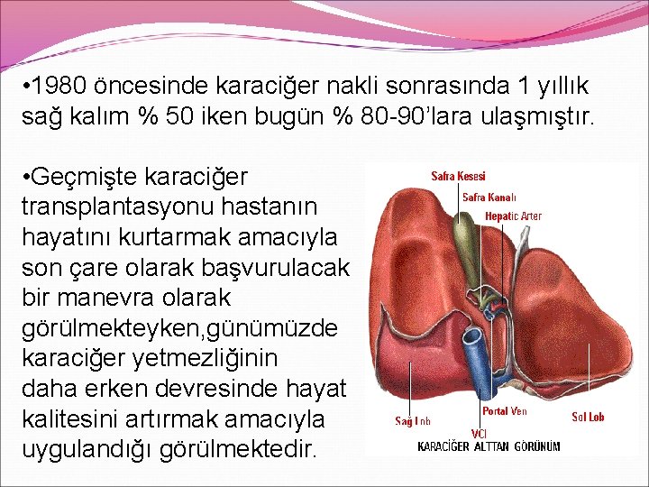  • 1980 öncesinde karaciğer nakli sonrasında 1 yıllık sağ kalım % 50 iken