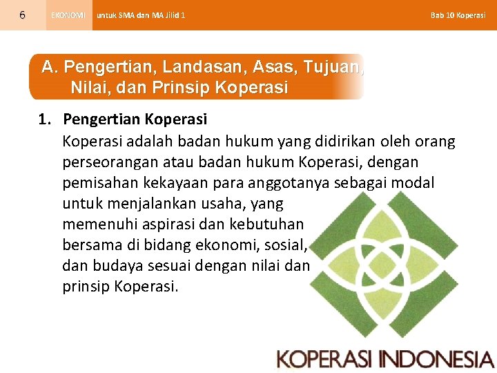 6 EKONOMI untuk SMA dan MA Jilid 1 Bab 10 Koperasi A. Pengertian, Landasan,