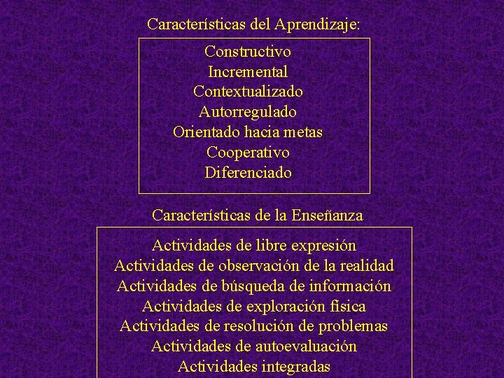 Características del Aprendizaje: Constructivo Incremental Contextualizado Autorregulado Orientado hacia metas Cooperativo Diferenciado Características de