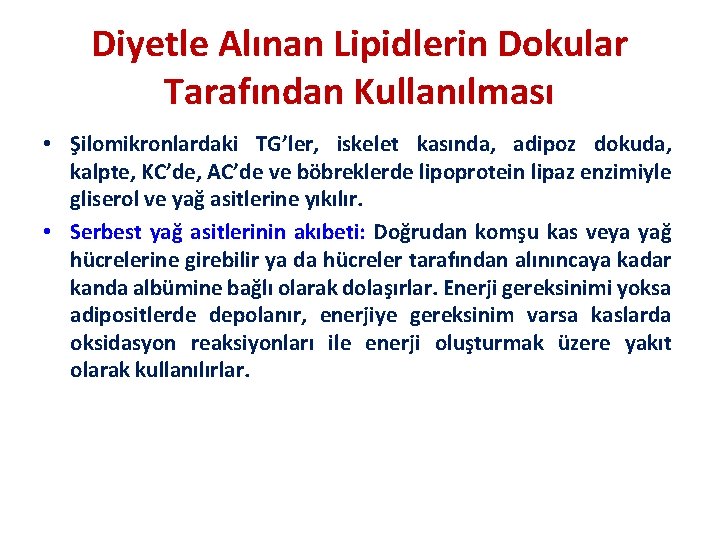 Diyetle Alınan Lipidlerin Dokular Tarafından Kullanılması • Şilomikronlardaki TG’ler, iskelet kasında, adipoz dokuda, kalpte,