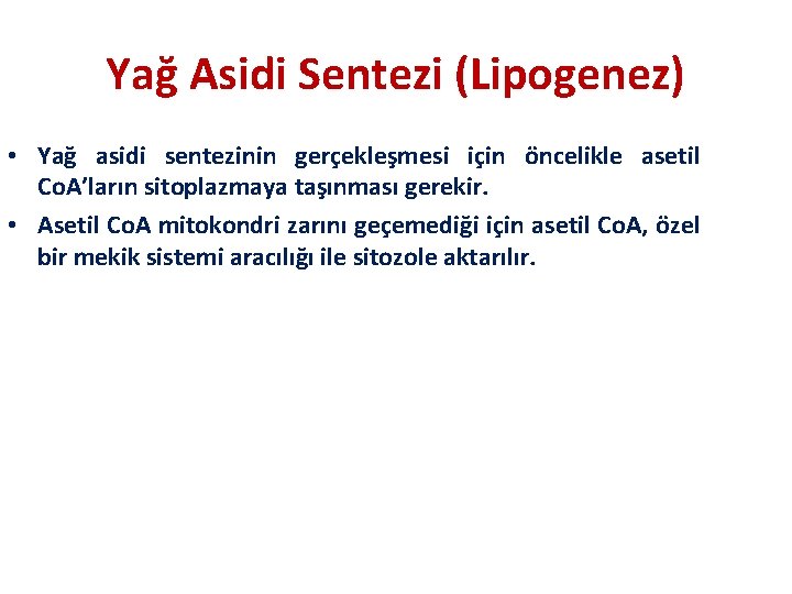 Yağ Asidi Sentezi (Lipogenez) • Yağ asidi sentezinin gerçekleşmesi için öncelikle asetil Co. A’ların