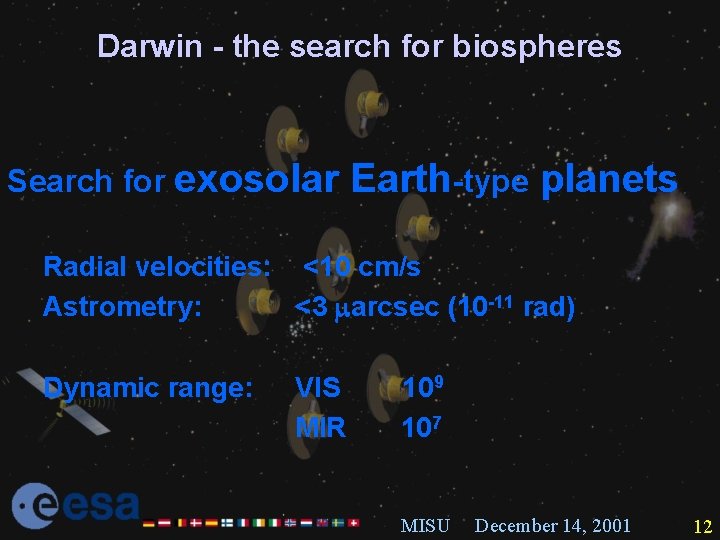 Darwin - the search for biospheres Search for exosolar Earth-type planets Radial velocities: <10