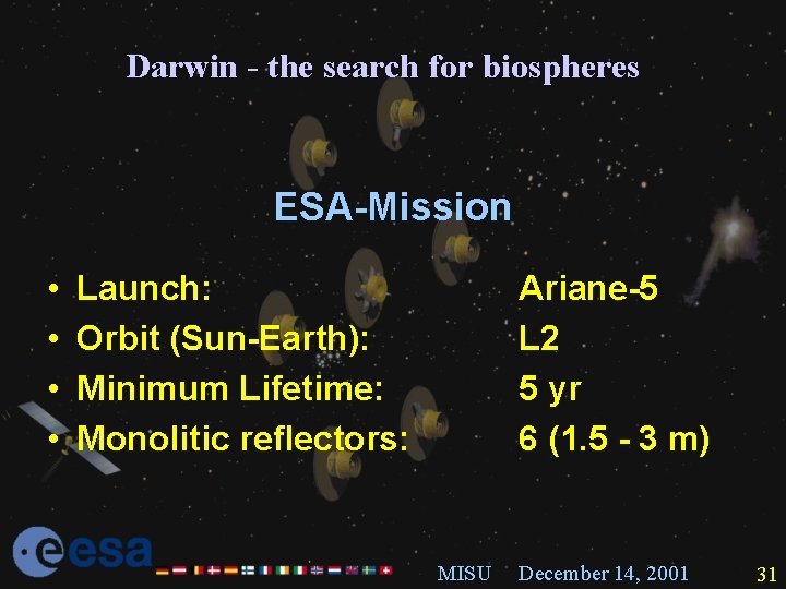 Darwin - the search for biospheres ESA-Mission • • Launch: Orbit (Sun-Earth): Minimum Lifetime: