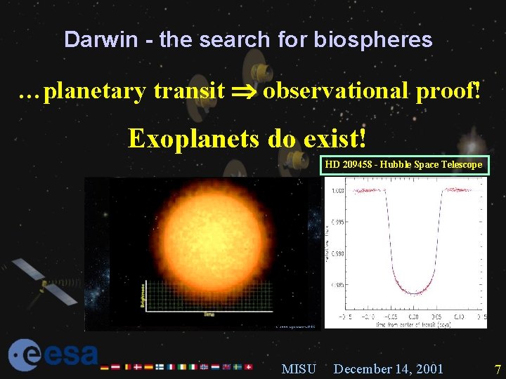 Darwin - the search for biospheres …planetary transit observational proof! Exoplanets do exist! HD
