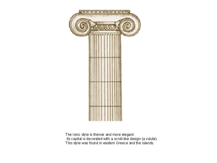 The Ionic style is thinner and more elegant. Its capital is decorated with a The Ionic style is thinner and more elegant. Its capital is decorated with a