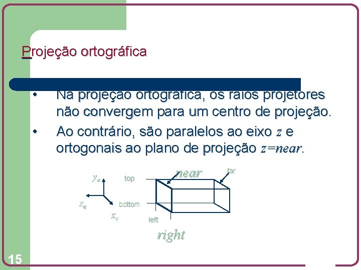 Projeção ortográfica • • Na projeção ortográfica, os raios projetores não convergem para um