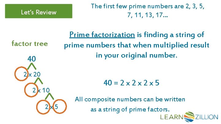 Let’s Review factor tree 40 2 x 20 2 x 10 2 x 5