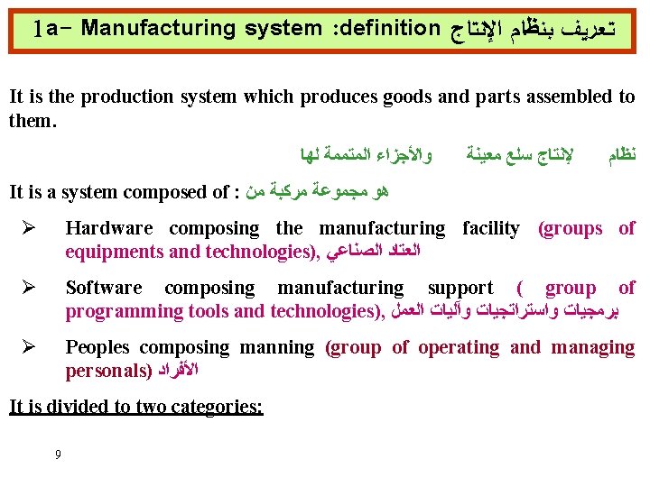 1 a- Manufacturing system : definition ﺘﻌﺮﻴﻒ ﺒﻨﻈﺎﻡ ﺍﻹﻨﺘﺎﺝ It is the production system