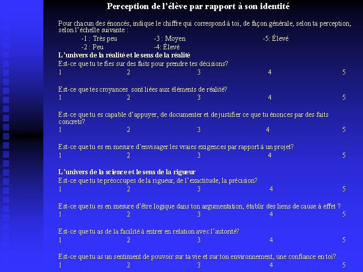 Perception de l’élève par rapport à son identité Pour chacun des énoncés, indique le