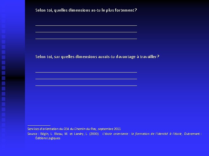 Selon toi, quelles dimensions as-tu le plus fortement? ____________________________________________ Selon toi, sur quelles dimensions