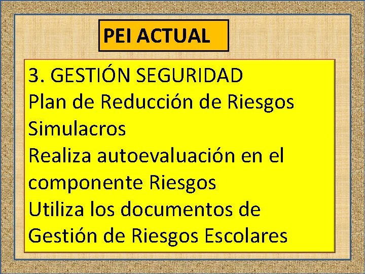 PEI ACTUAL 3. GESTIÓN SEGURIDAD Plan de Reducción de Riesgos Simulacros Realiza autoevaluación en