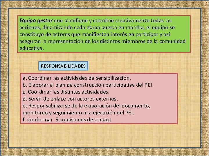 Equipo gestor que planifique y coordine creativamente todas las acciones, dinamizando cada etapa puesta