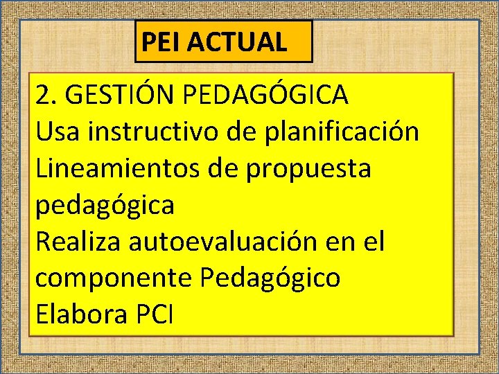 PEI ACTUAL 2. GESTIÓN PEDAGÓGICA Usa instructivo de planificación Lineamientos de propuesta pedagógica Realiza