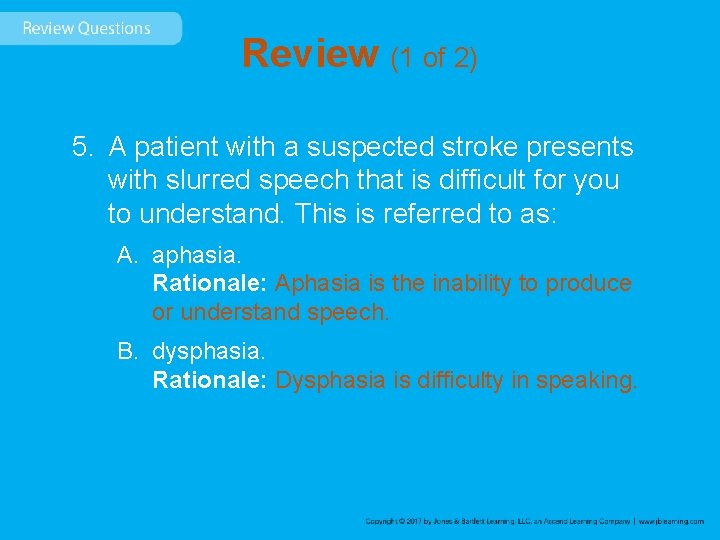 Review (1 of 2) 5. A patient with a suspected stroke presents with slurred