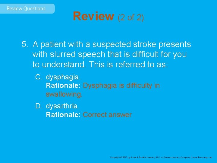 Review (2 of 2) 5. A patient with a suspected stroke presents with slurred