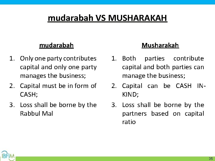 mudarabah VS MUSHARAKAH mudarabah 1. Only one party contributes capital and only one party