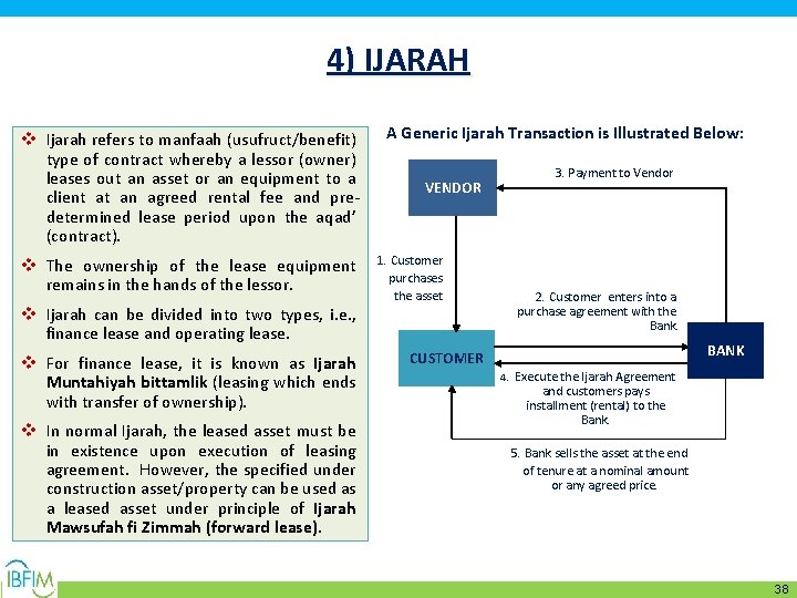 4) IJARAH v Ijarah refers to manfaah (usufruct/benefit) type of contract whereby a lessor