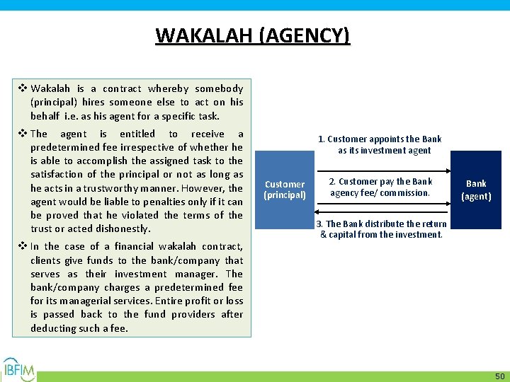 WAKALAH (AGENCY) v Wakalah is a contract whereby somebody (principal) hires someone else to