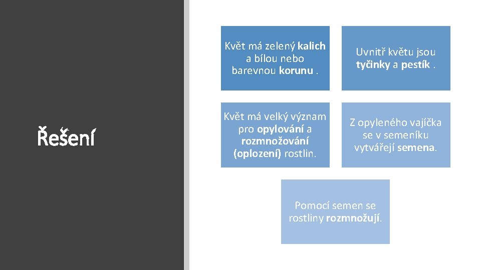 Řešení Květ má zelený kalich a bílou nebo barevnou korunu. Uvnitř květu jsou tyčinky