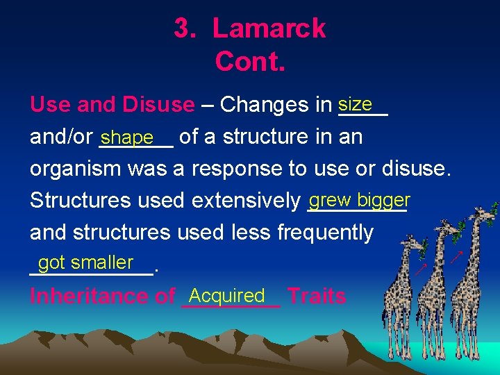 3. Lamarck Cont. Use and Disuse – Changes in size ____ and/or ______ shape