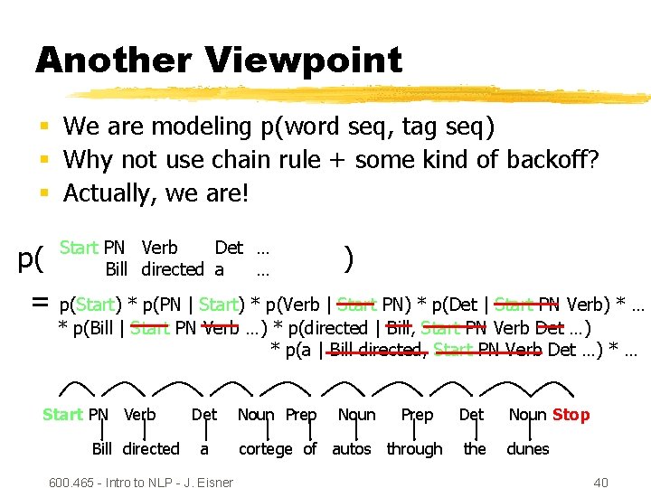 Another Viewpoint § We are modeling p(word seq, tag seq) § Why not use