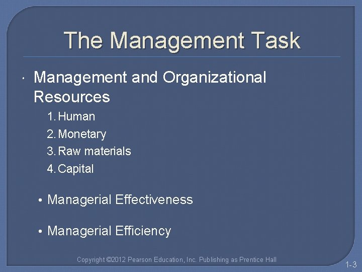 The Management Task Management and Organizational Resources 1. Human 2. Monetary 3. Raw materials