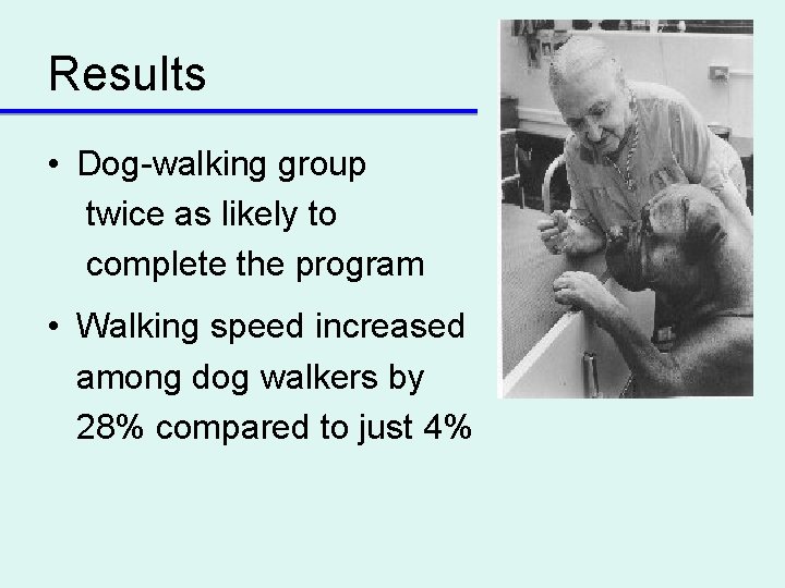 Results • Dog-walking group twice as likely to complete the program • Walking speed