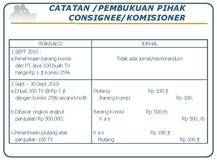 CATATAN /PEMBUKUAN PIHAK CONSIGNEE/KOMISIONER TRANSAKSI JURNAL 1. SEPT 2010 : a. Penerimaan barang komisi