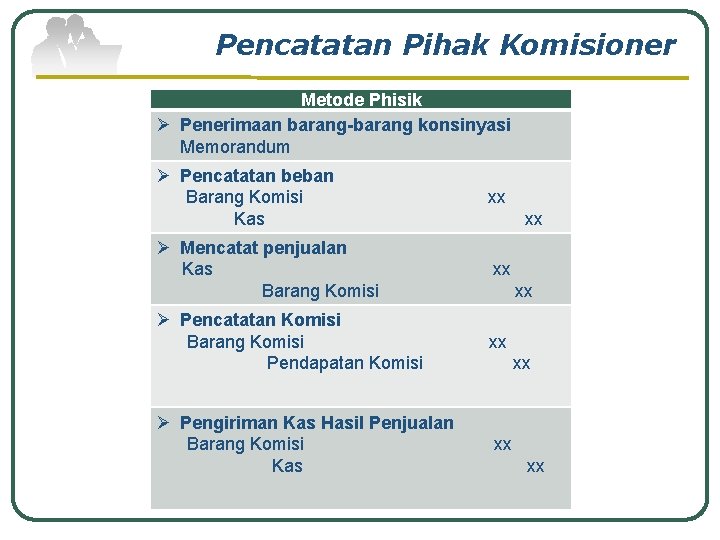 Pencatatan Pihak Komisioner Metode Phisik Ø Penerimaan barang-barang konsinyasi Memorandum Ø Pencatatan beban Barang