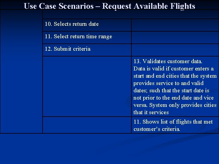 Use Case Scenarios – Request Available Flights 10. Selects return date 11. Select return