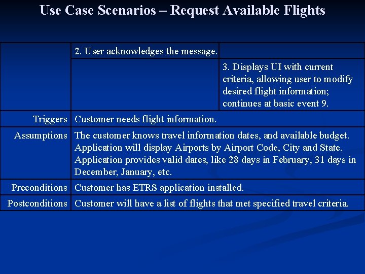 Use Case Scenarios – Request Available Flights 2. User acknowledges the message. 3. Displays