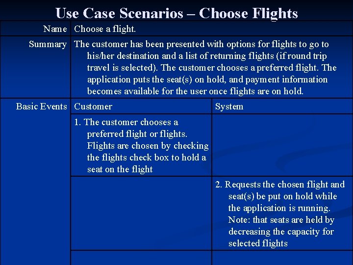 Use Case Scenarios – Choose Flights Name Choose a flight. Summary The customer has
