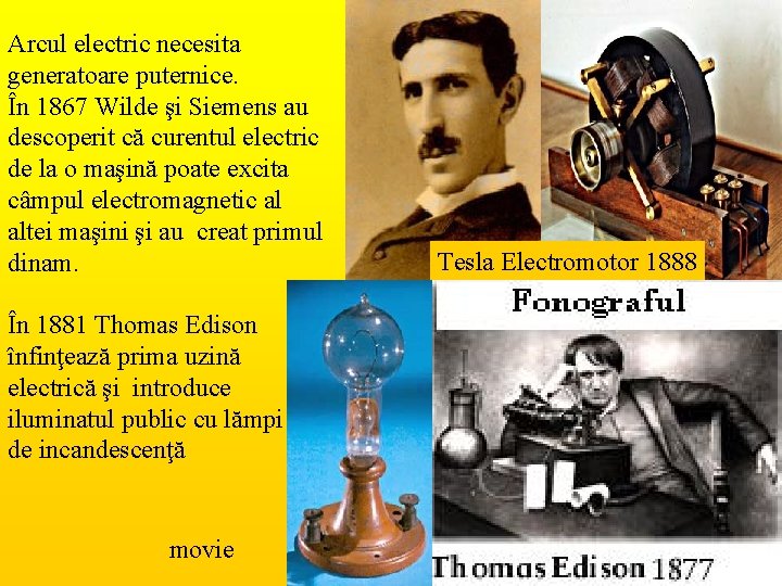 Arcul electric necesita generatoare puternice. În 1867 Wilde şi Siemens au descoperit că curentul