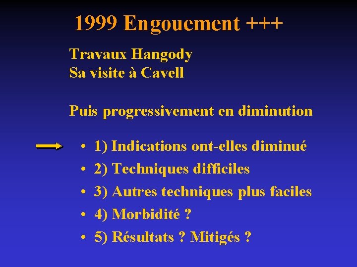 1999 Engouement +++ Travaux Hangody Sa visite à Cavell Puis progressivement en diminution •