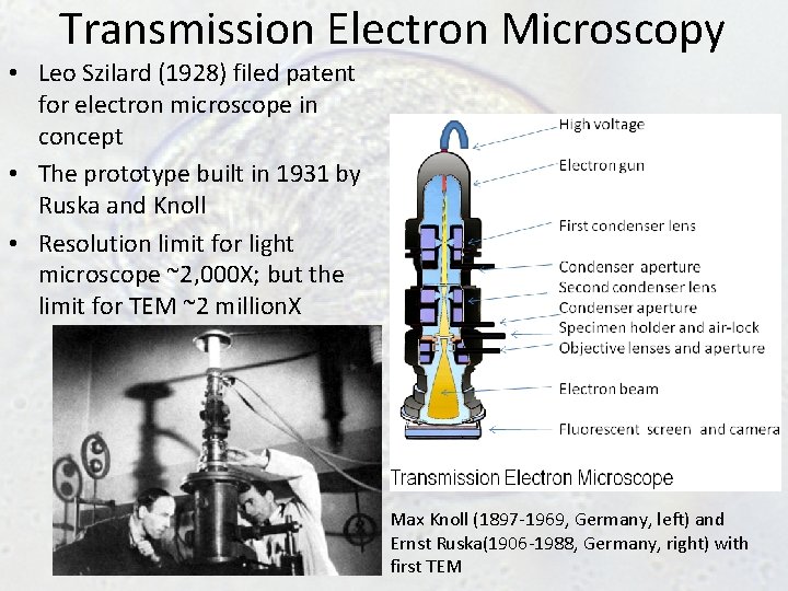Transmission Electron Microscopy • Leo Szilard (1928) filed patent for electron microscope in concept Transmission Electron Microscopy • Leo Szilard (1928) filed patent for electron microscope in concept