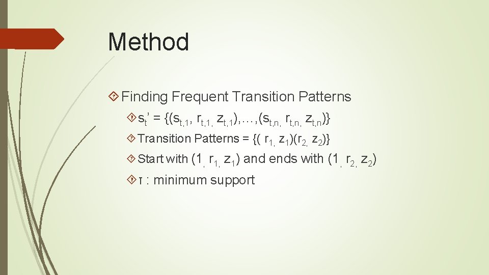 Method Finding Frequent Transition Patterns st’ = {(st, 1, rt, 1, zt, 1), …,