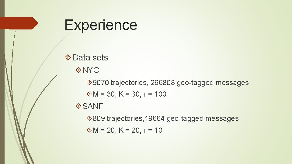 Experience Data sets NYC 9070 trajectories, 266808 geo-tagged messages M = 30, K =