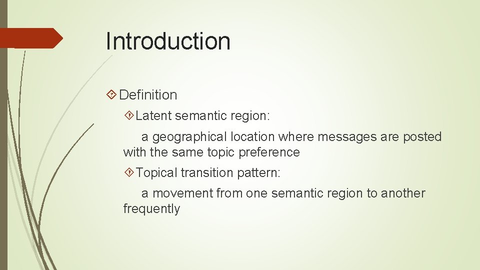 Introduction Definition Latent semantic region: a geographical location where messages are posted with the